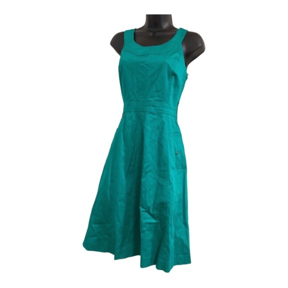 Calvin Klein emerald green cotton round neck twill look fit & flare dress size 2